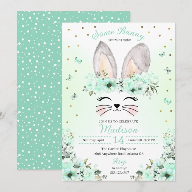 Green Easter Bunny Flower Crown Birthday Invitation (Front/Back)