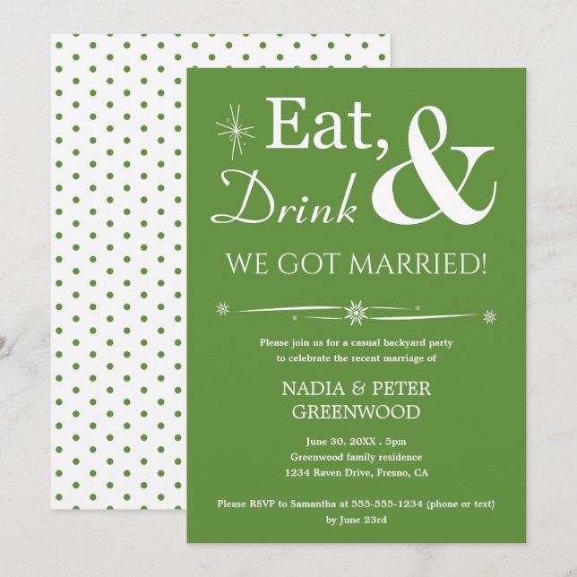 Green Eat Drink We Got Married Elopement Party Invitation (Front/Back)