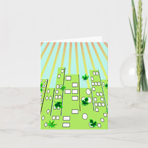 Green Eco City Skyline with Floating Leaves Card
