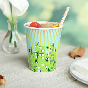 Green Eco City Skyline with Floating Leaves Paper Cups
