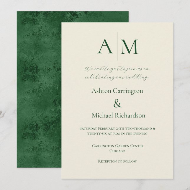 Green Ecru Monogram Modern Wedding Invitation (Front/Back)
