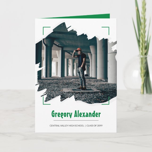 Green Edgy Abstract Brushstroke Photo Graduation Invitation (Front)