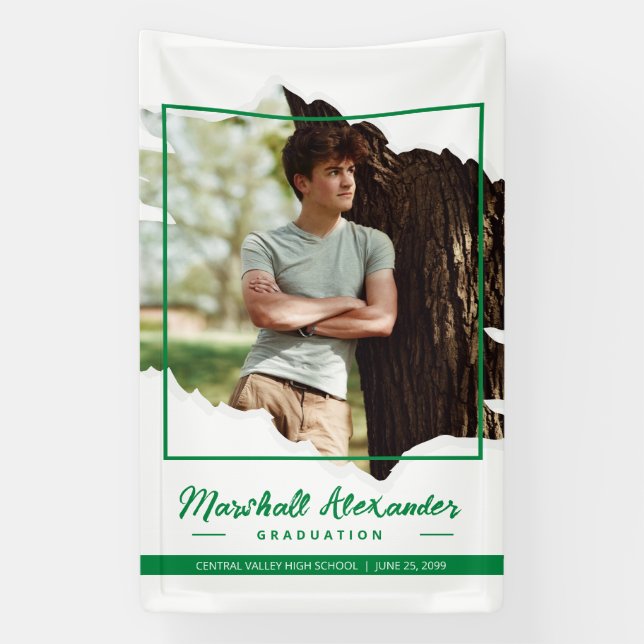 Green Edgy Abstract Torn Photo Graduation Banner (Vertical)