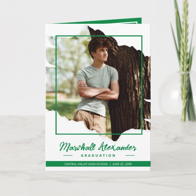 Green Edgy Abstract Torn Photo Graduation Invitation (Front)