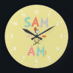 Green Eggs and Ham | Sam-I-Am Large Clock<br><div class="desc">Don't knock it until you try it, you might just like it! GREEN EGGS AND HAM is a classic Dr. Seuss story where Sam-I-Am tries to get his friend to try some green eggs and ham, and he does indeed end up loving them. Check out Sam-I-Am holding up a sign...</div>