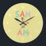 Green Eggs and Ham | Sam-I-Am Large Clock<br><div class="desc">Don't knock it until you try it, you might just like it! GREEN EGGS AND HAM is a classic Dr. Seuss story where Sam-I-Am tries to get his friend to try some green eggs and ham, and he does indeed end up loving them. Check out Sam-I-Am holding up a sign...</div>