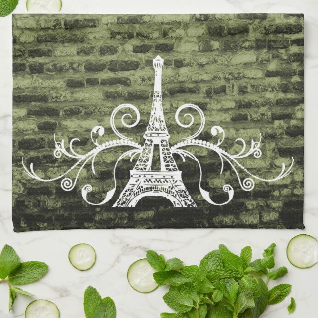 Green Eiffel Towel Grunge Kitchen Towel (Folded)