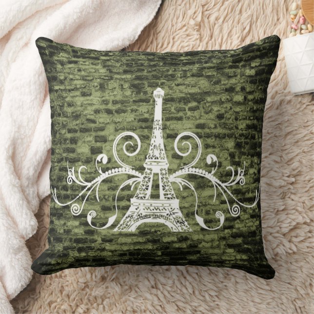 Green Eiffel Towel Grunge Throw Pillow (Blanket)