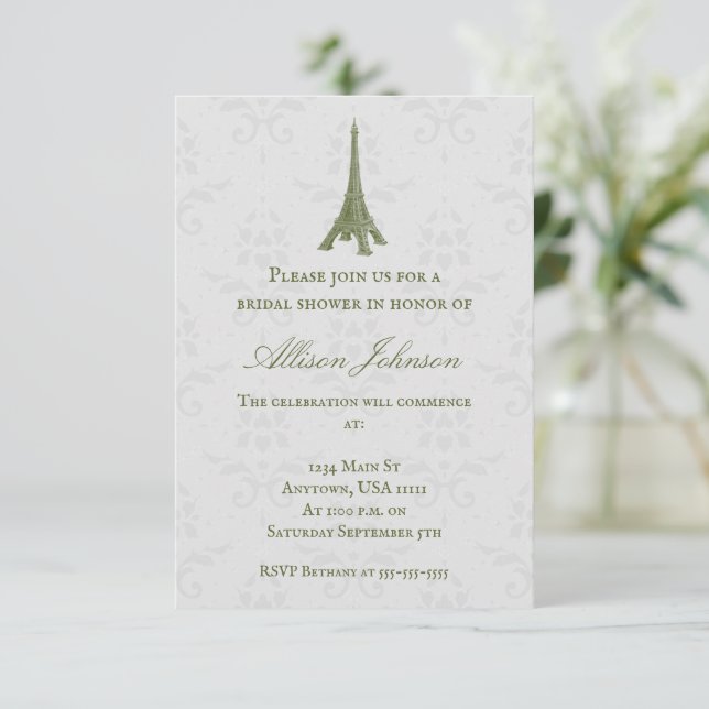 Green Eiffel Tower Damask Bridal Shower Invite (Standing Front)