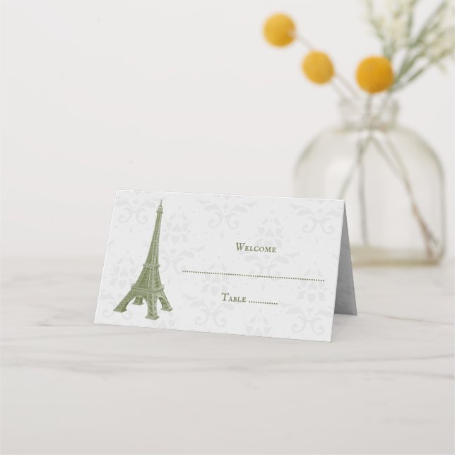Green Eiffel Tower Damask Reception Place Card (Front)