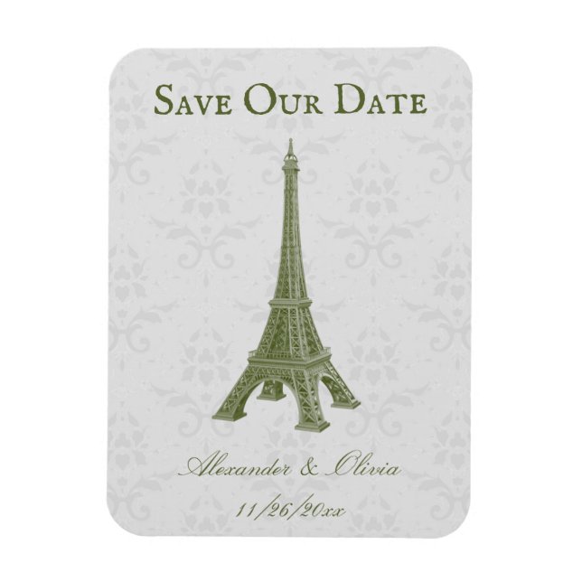 Green Eiffel Tower Damask Save The Date Magnet (Vertical)