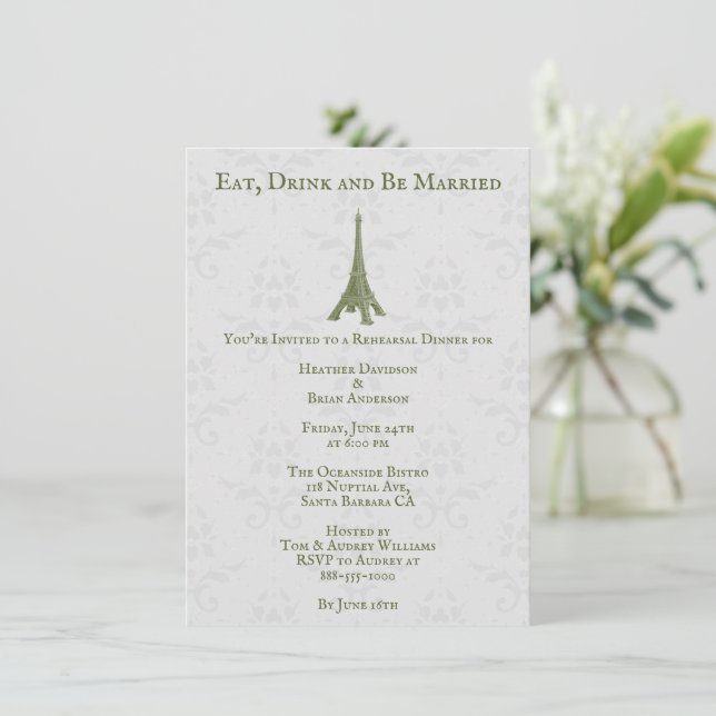 Green Eiffel Tower Damask Wedding Rehearsal Dinner Invitation (Standing Front)