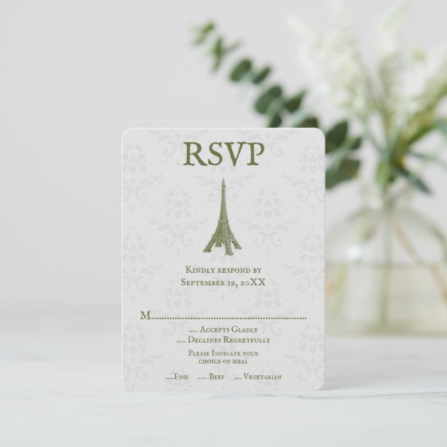 Green Eiffel Tower Damask Wedding RSVP Card (Standing Front)