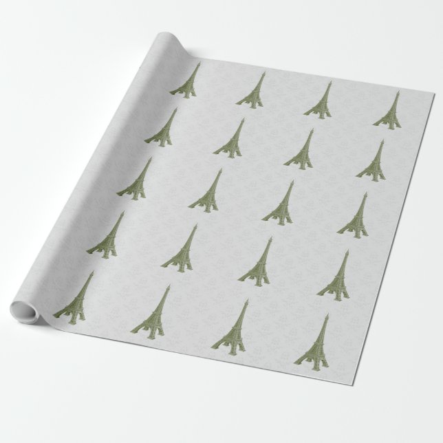 Green Eiffel Tower Damask Wedding Wrapping Paper (Unrolled)