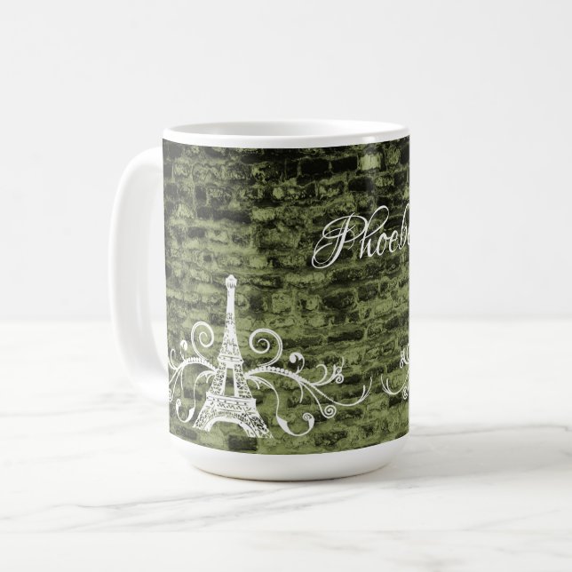 Green Eiffel Tower Grunge Coffee Mug (Front Left)