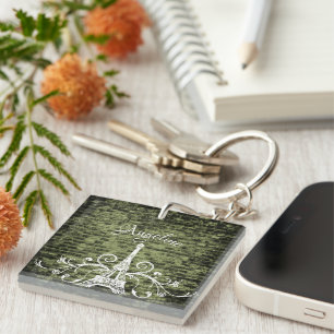 Green Eiffel Tower Grunge Keychain