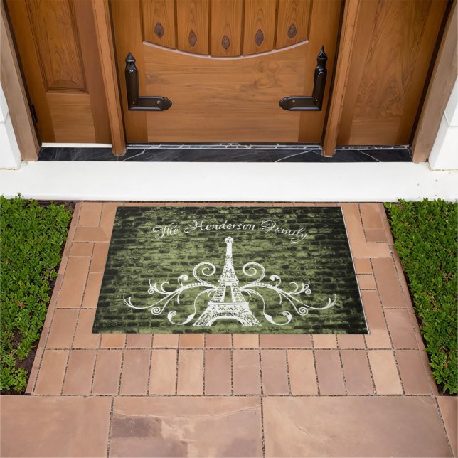 Green Eiffel Tower Grunge Personalised Door Mat (Outdoor)