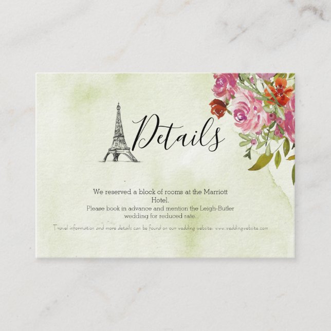 Green Eiffel Tower Watercolor Wedding Details Card (Front)