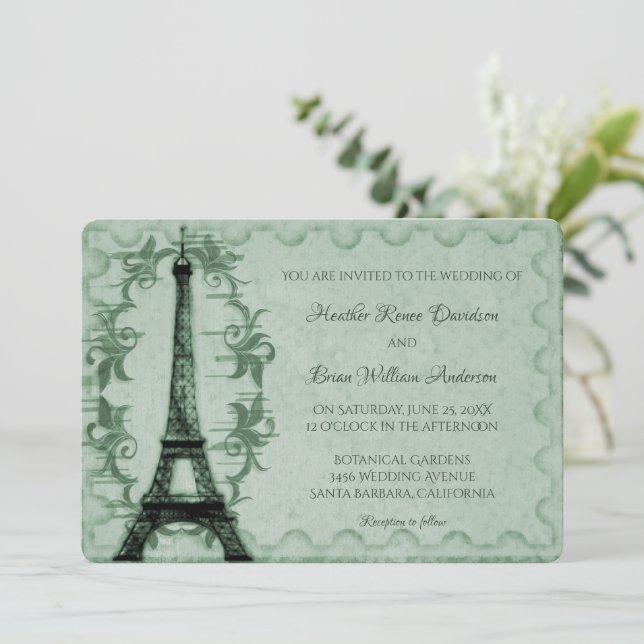 Green Eiffel Tower Wedding Invitation (Standing Front)