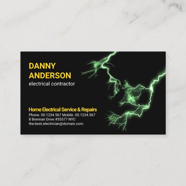 Green Electric Lightning Strike Electrician Business Card (Front)