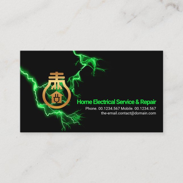 Green Electric Lightning Striking Gold Home Bulb Business Card (Front)