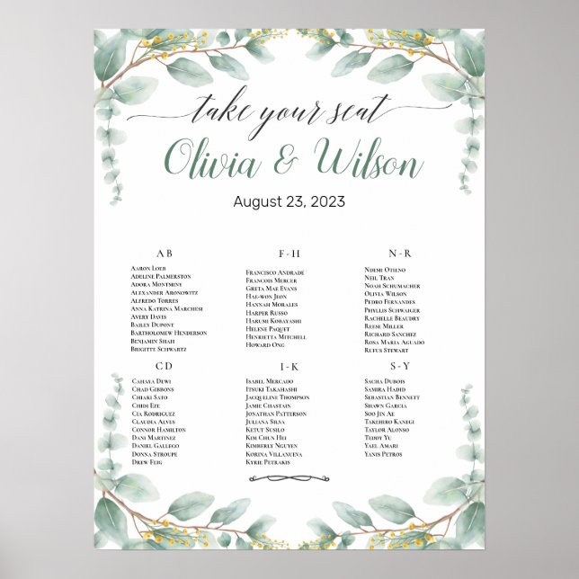 Green Elegant Alphabet Wedding Seating Chart (Front)
