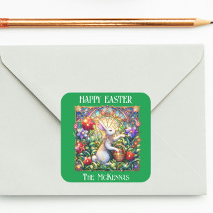 Green Elegant Art Nouveau Bunny Garden Easter Square Sticker