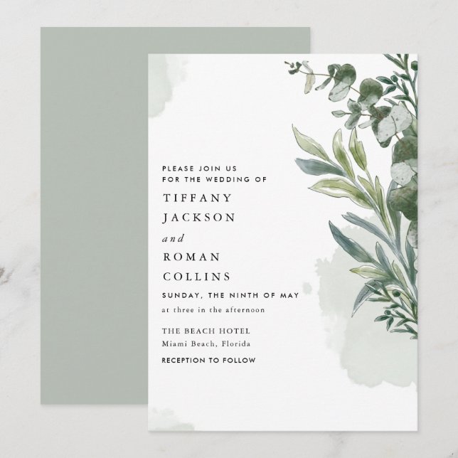 Green Elegant Botanical Wedding Save The Date (Front/Back)