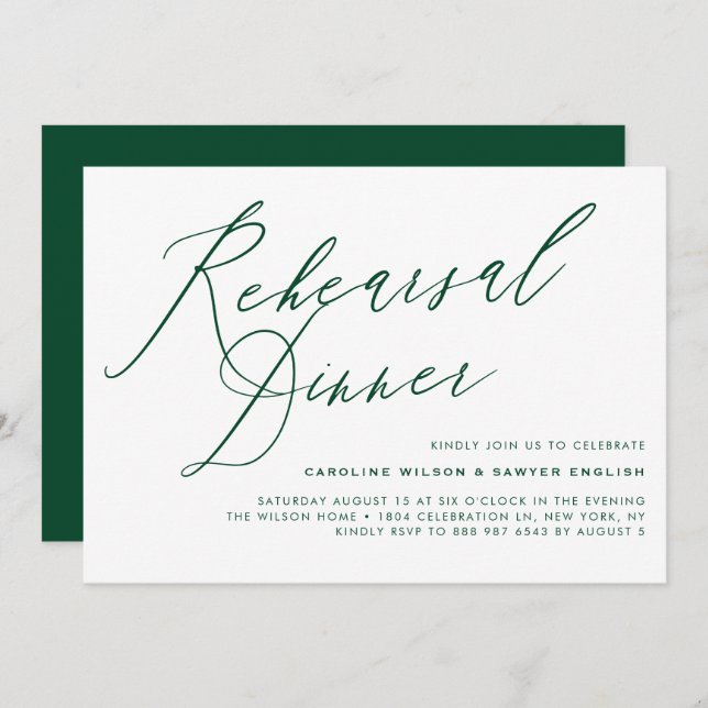 Green Elegant Calligraphy Rehearsal Dinner Invitation (Front/Back)