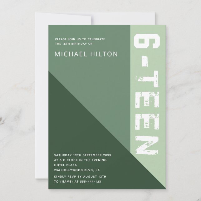 Green elegant colour block boy sweet sixteen invitation (Front)