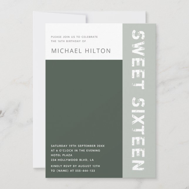 Green elegant colour block boy sweet sixteen invitation (Front)
