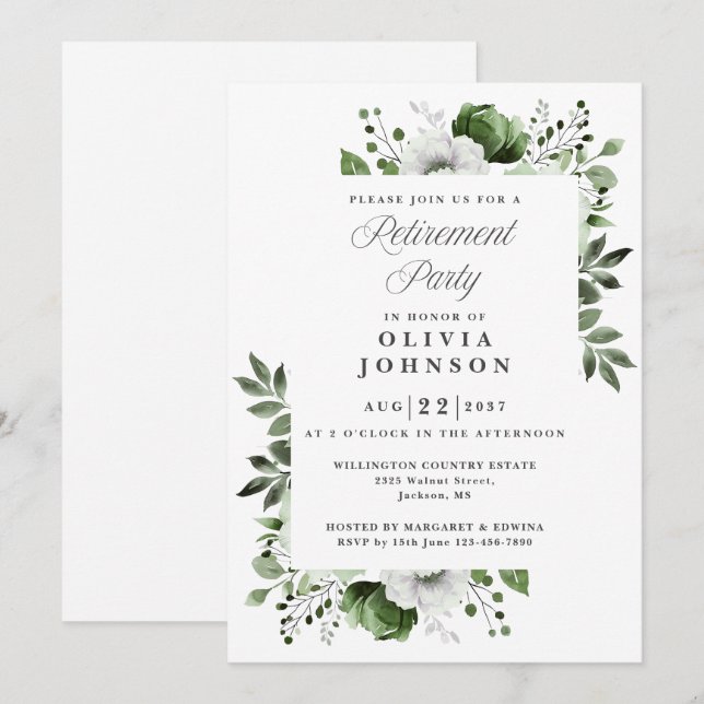 Green Elegant Country Floral Retirement Party Invitation (Front/Back)
