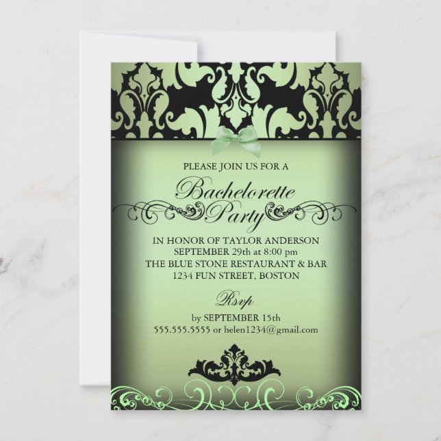 Green Elegant Damask Bachelorette Party Invite (Front)