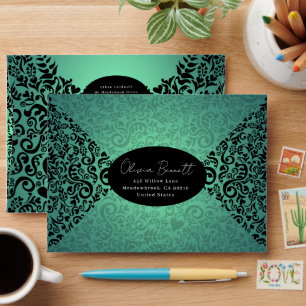Green Elegant Dark Damask Pattern Envelope