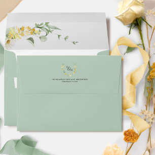 Green, Elegant Delicate Yellow Floral Wedding Envelope