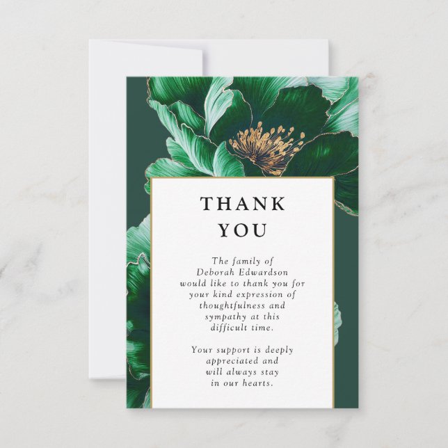 Green Elegant Floral Celebration Of Life Funeral Thank You Card (Front)