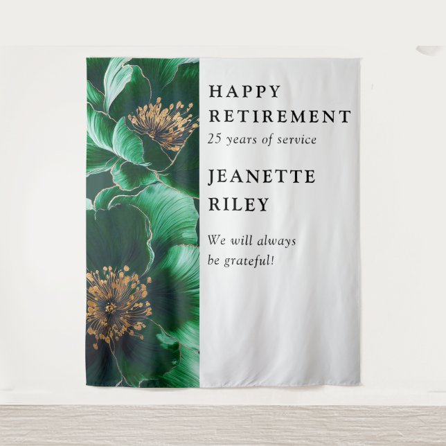 Green Elegant Floral Retirement Party Backdrop Tapestry (Front)