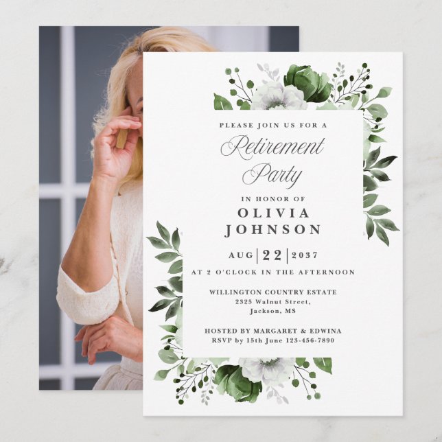 Green Elegant Floral Retirement Party Photo Invitation (Front/Back)