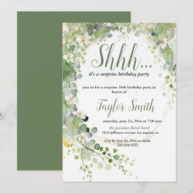 green  elegant Floral Surprise Party Invite (Front/Back)