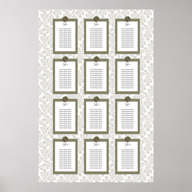 Green Elegant Floral Toile Seating Chart Poster (Front)