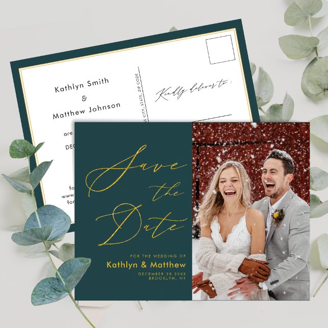Green Elegant Gold Script Modern Save The Date Announcement Postcard (Creator Uploaded)