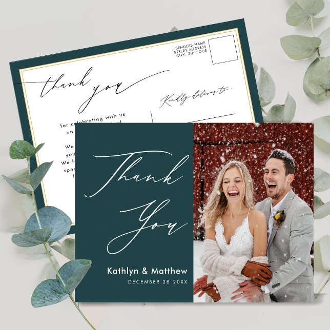 Green Elegant Gold Script Modern Wedding Thank You Postcard (Creator Uploaded)