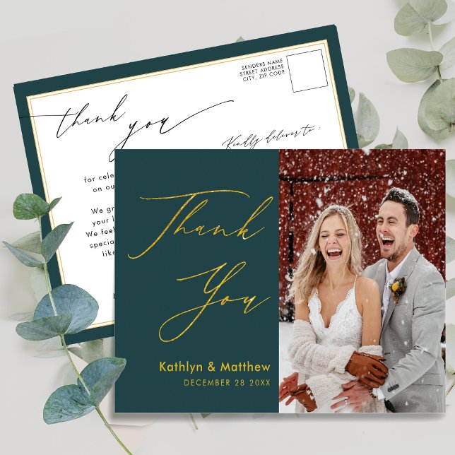 Green Elegant Gold Script Modern Wedding Thank You Postcard (Creator Uploaded)