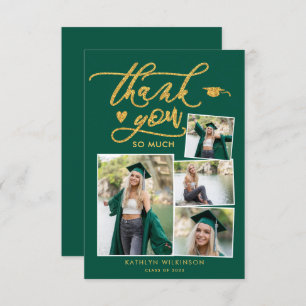 Green Elegant Gold Script Photo Collage Graduation Thank You Card