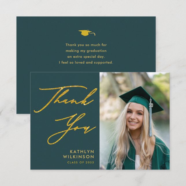 Green Elegant Gold Script Simple Photo Graduation Thank You Card (Front/Back)