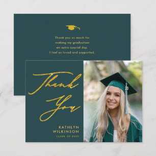 Green Elegant Gold Script Simple Photo Graduation Thank You Card