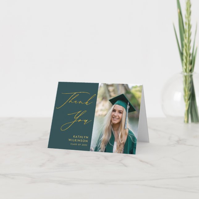 Green Elegant Gold Script Simple Photo Graduation Thank You Card (Front)
