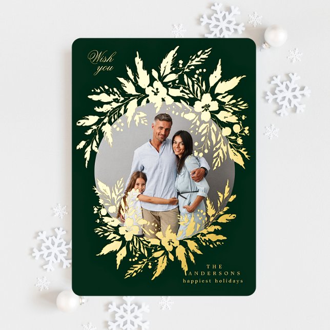 green elegant gold wreath photo merry christmas foil holiday card (Creator Uploaded)