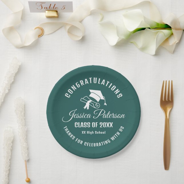 Green Elegant Graduation Party Personalised Name Paper Plate (Wedding)