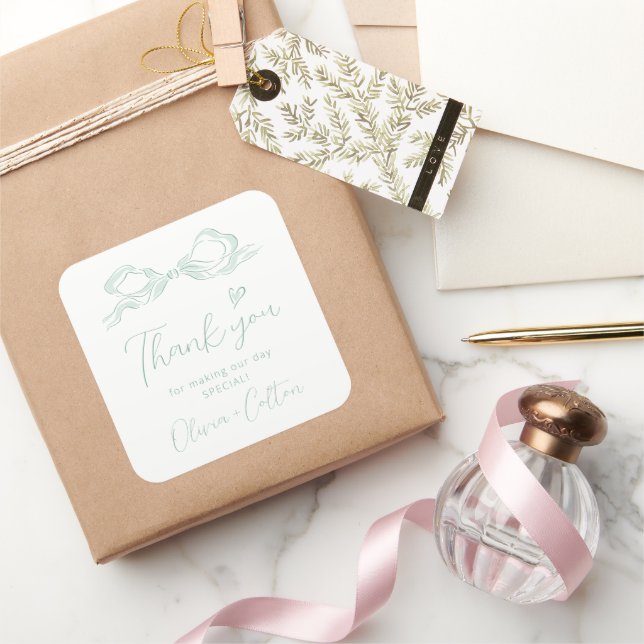 Green Elegant Hand Drawn Bow Thank You Wedding Square Sticker (Gifting)